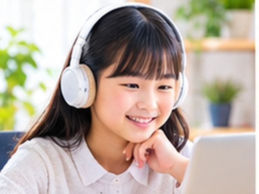 ヘッドホンをつけてノートパソコンで受験する生徒